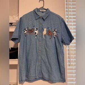 Vintage Denim Cat Embroidered Shirt Size XL